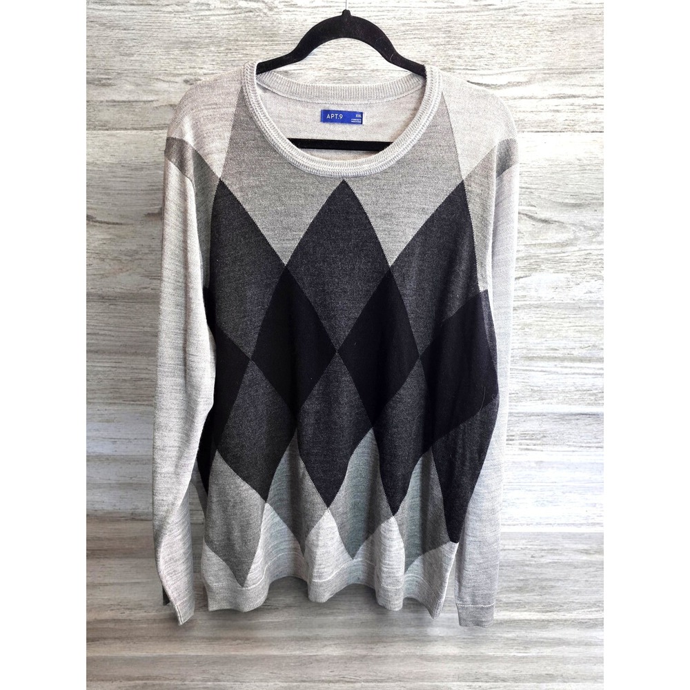 APT 9 Argyle Sweater Big Mens PLus Size‎ XXL 2X Gray Black Acrylic Marino Wool